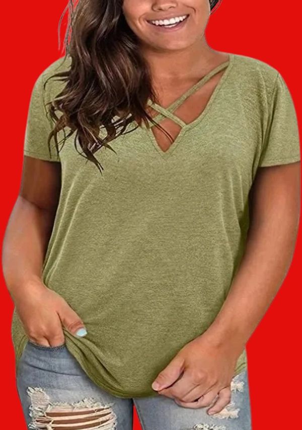 Womens Plus Size Tops Summer Short Sleeve V Neck T Shirts Sexy Criss Cross T-Shirt Casual 