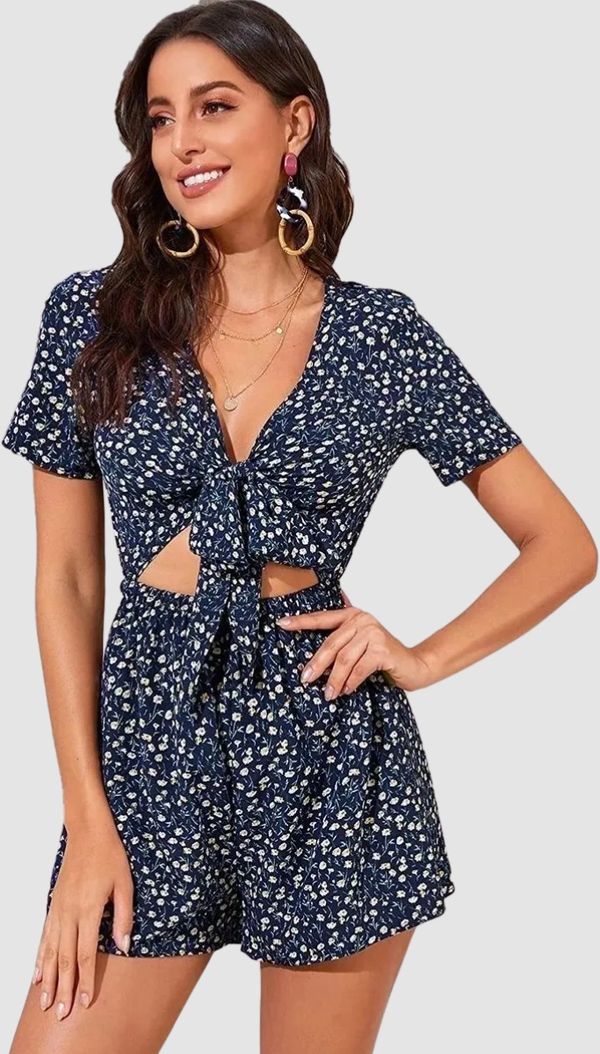 SheIn Women's Floral High Waist Shirred Cami Romper Cut Out Tie Knot Jumpsuit