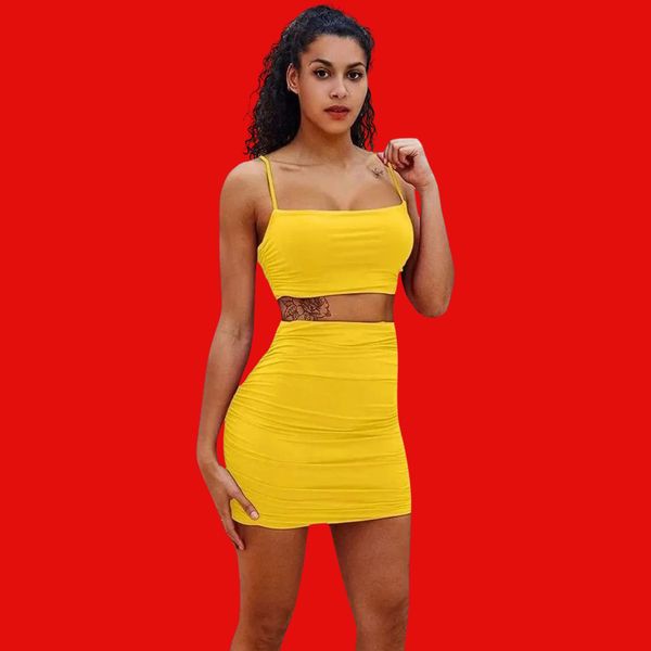 BEAGIMEG Women's Ruched Cami Crop Top Bodycon Skirt 2 Piece Outfits