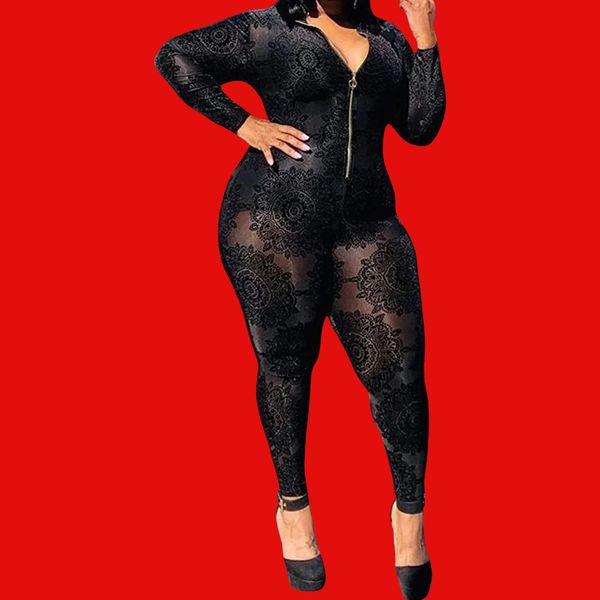 Women's Sexy Plus Size See Through Jumpsuit Sheer Mesh Bodycon Floral