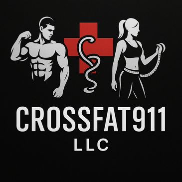 Logo for CrossFat911 LLC with muscular man and fit woman illustrations.