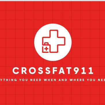 CrossFat911 logo with a red cross symbol and tagline on a red grid background.