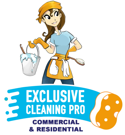 Cartoon woman with cleaning tools for Exclusive Cleaning Pro service.