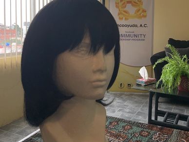 Maniquí con peluca negra en interior.