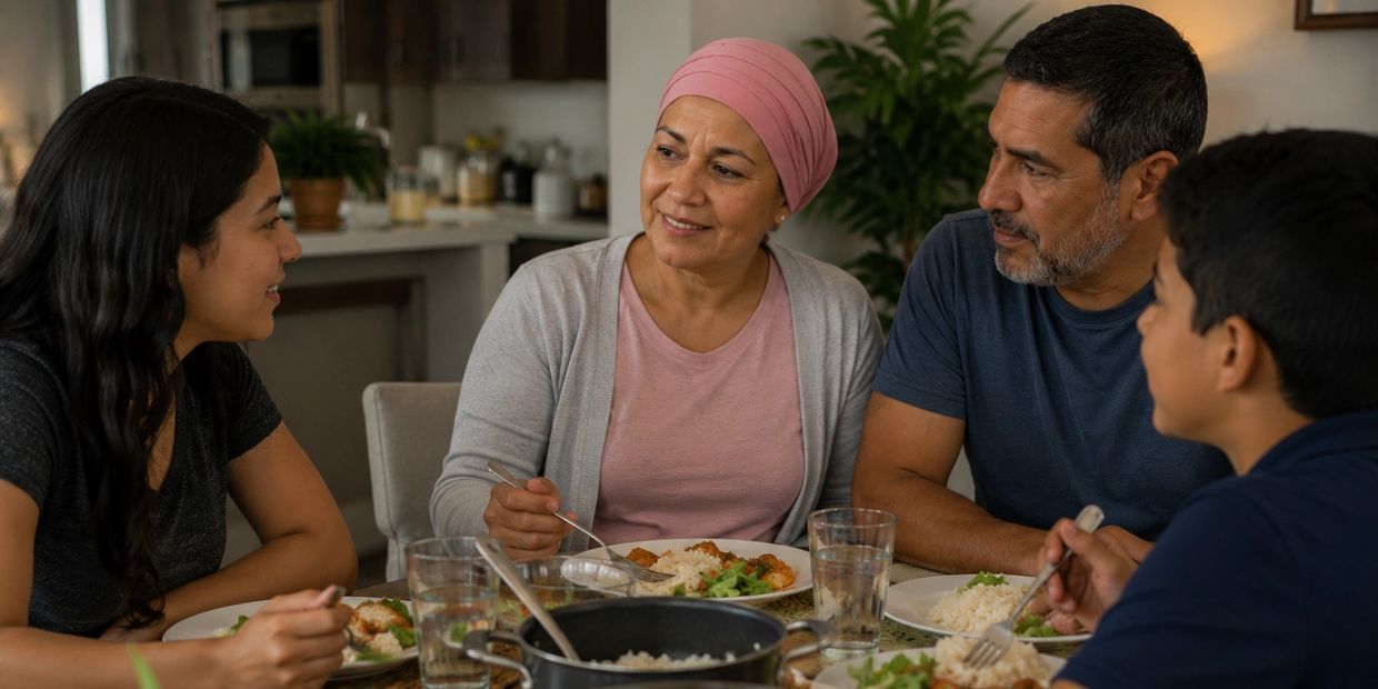 Familia comiendo junta y conversando en la mesa.