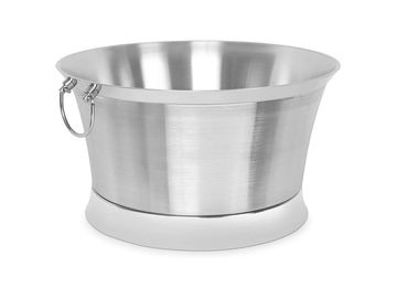 Metal bucket with handles on a white background.
