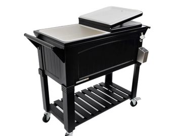 Black outdoor grill cart on wheels.