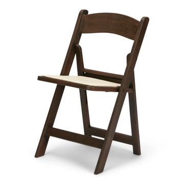 Wooden folding chair with a padded seat.