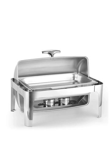 Shiny stainless steel chafing dish with glass lid.