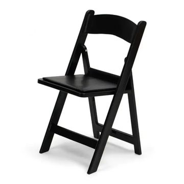 Black folding chair with a simple design.