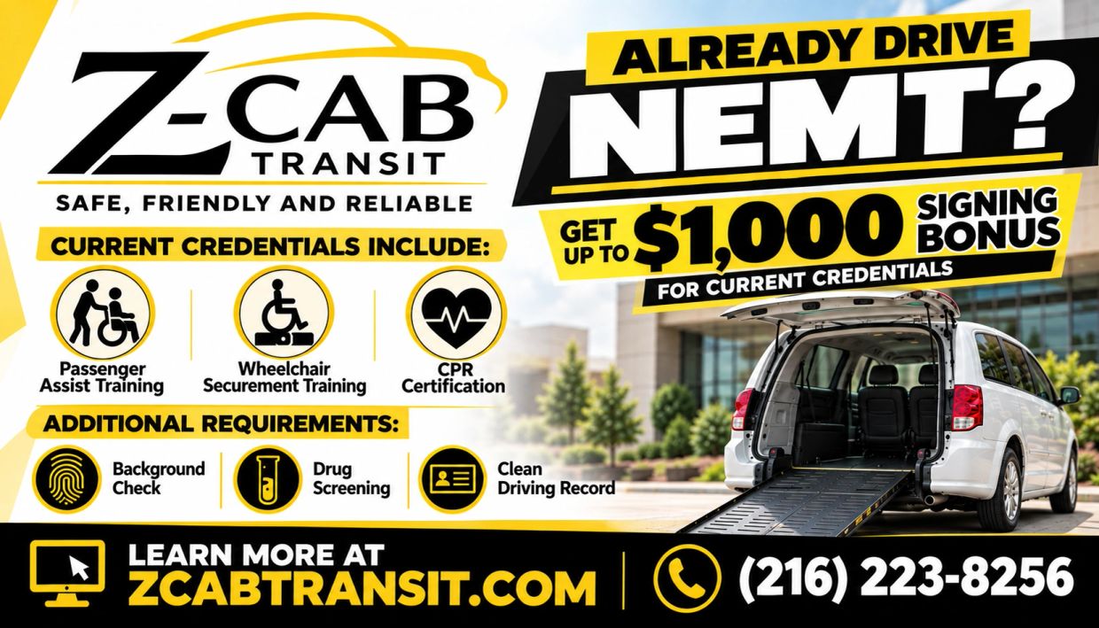 Z-Cab Transit offers $1,000 bonus for NEMT drivers with credentials.