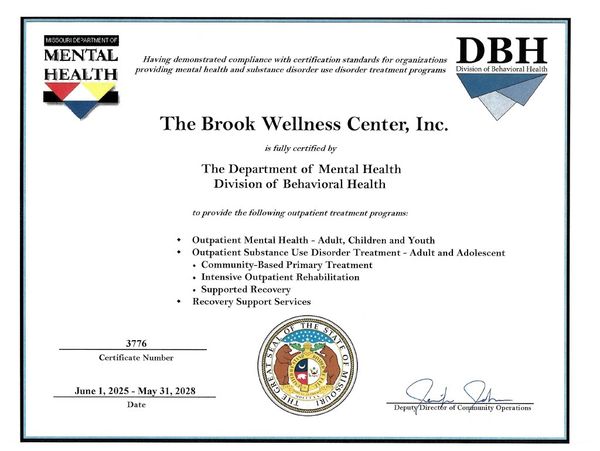 Certification for The Brook Wellness Center from Missouri Department of Mental Health.