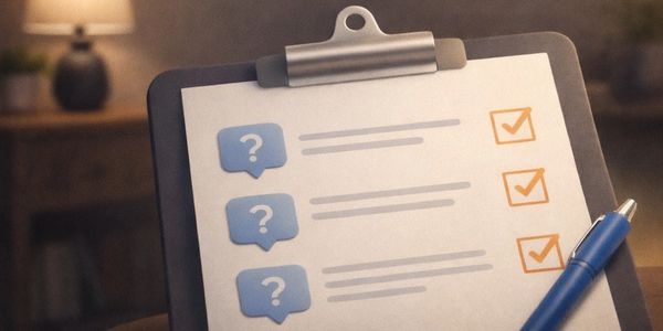 Clipboard with FAQ checklist and pen in cozy room setting.