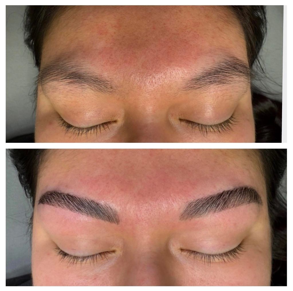 Before and after eyebrow microblading transformation.