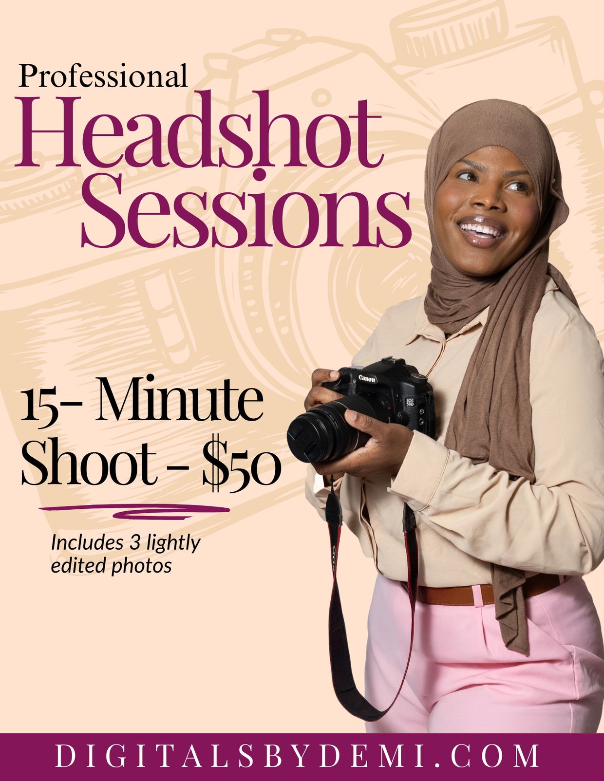 Advertisement for professional headshot sessions with a smiling photographer.