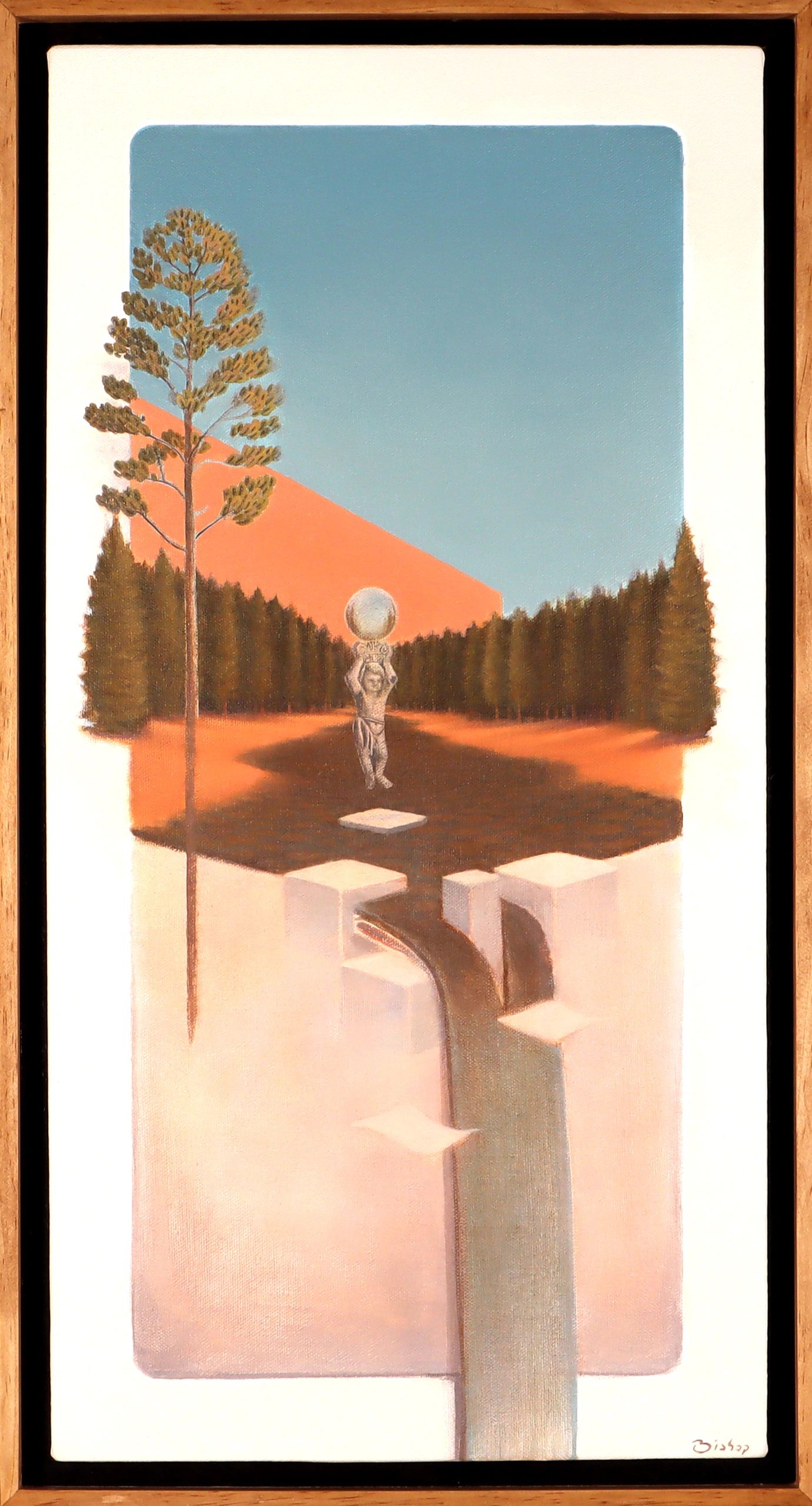 Surreal creek scene with statue and waterfall
