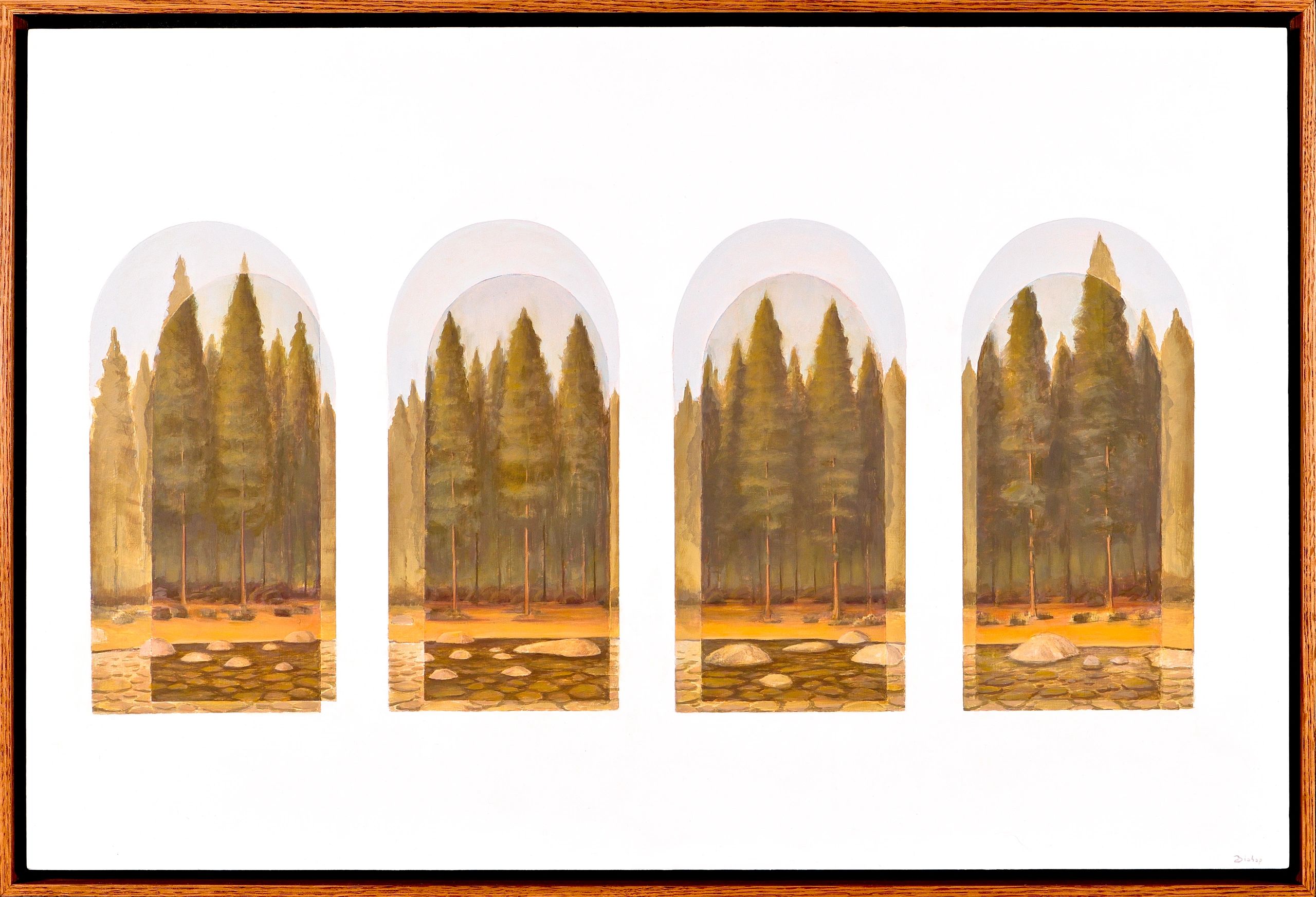 mountain stream seen through arches