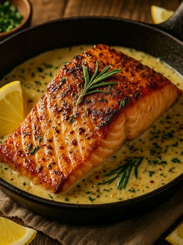 Pan-seared salmon with creamy herb sauce and lemon wedges.