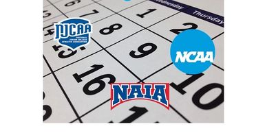 Calendar with NJCAA, NCAA, and NAIA logos indicating sports schedules.