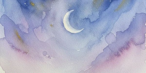 Watercolor painting of a crescent moon in a dreamy night sky.