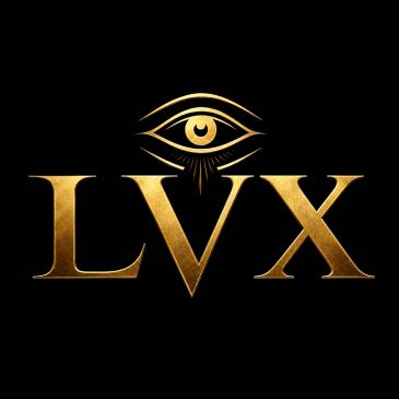 Golden LVX letters with an eye symbol above on black background.
