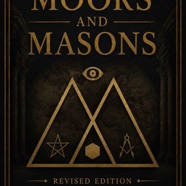 Book cover titled 'Moors and Masons' with symbolic geometric shapes.