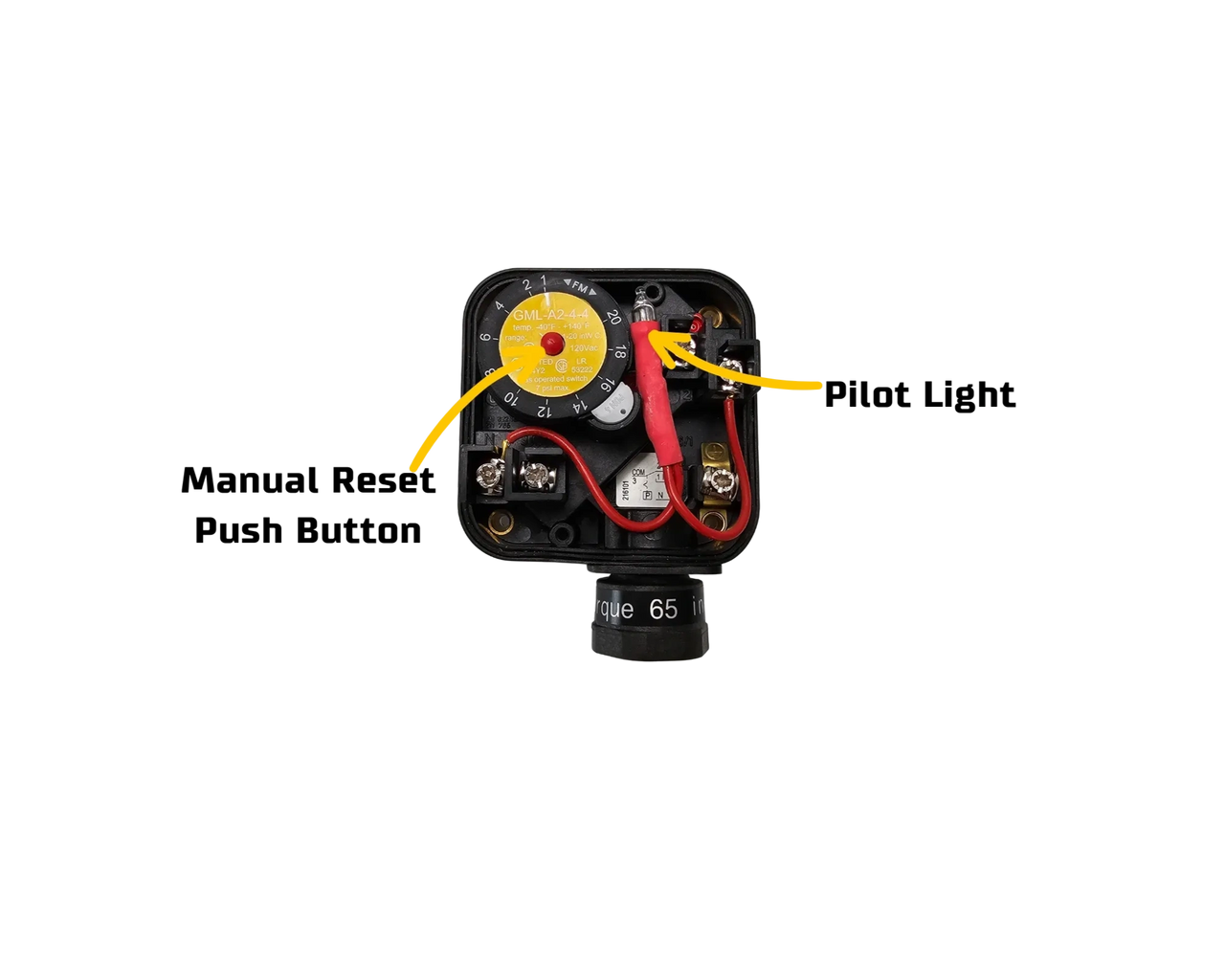 Low gas pressure switch with cover off. Arrows showing where the manual reset button and the pilot light are.