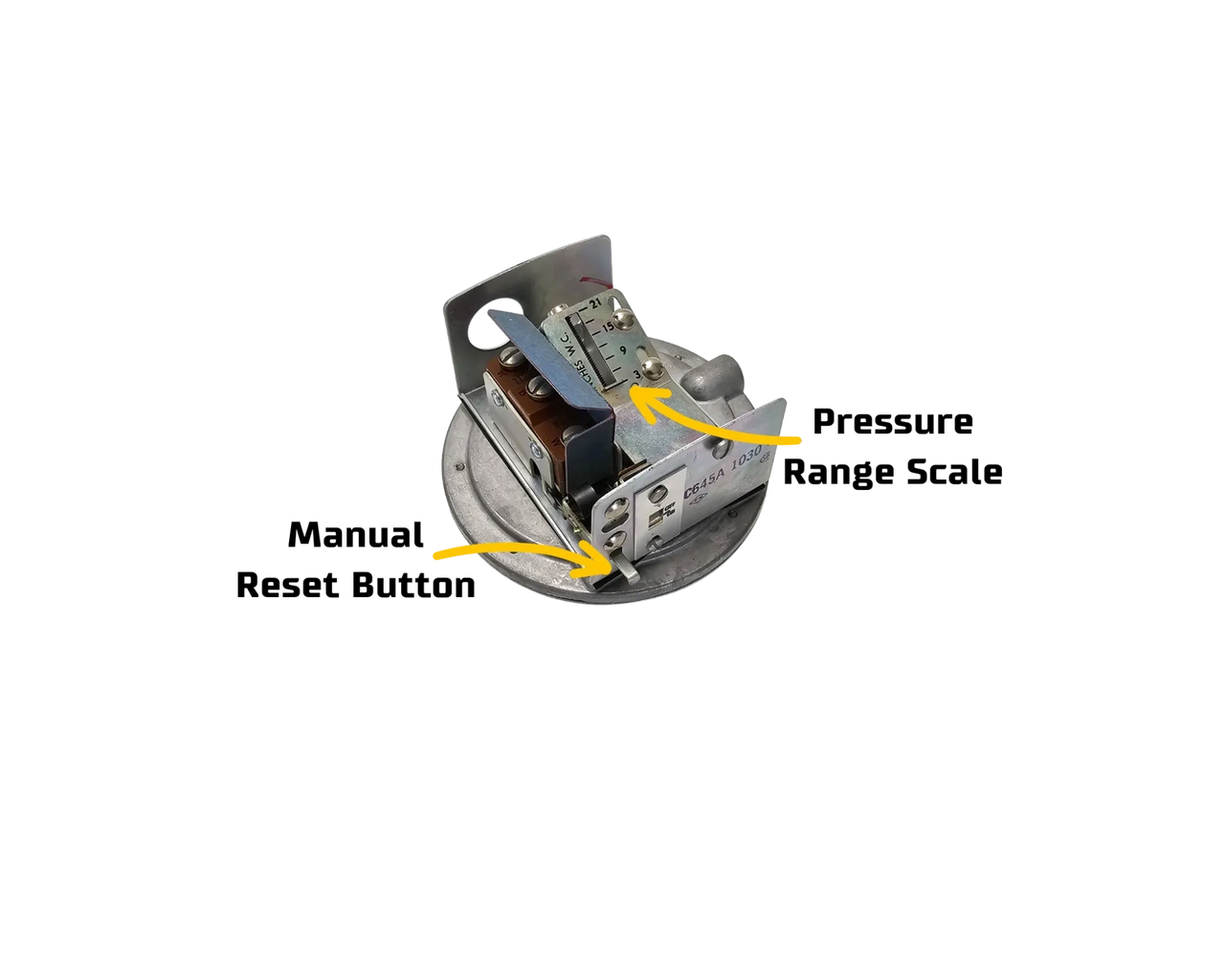 Low gas pressure switch showing the manual reset button and the pressure range.