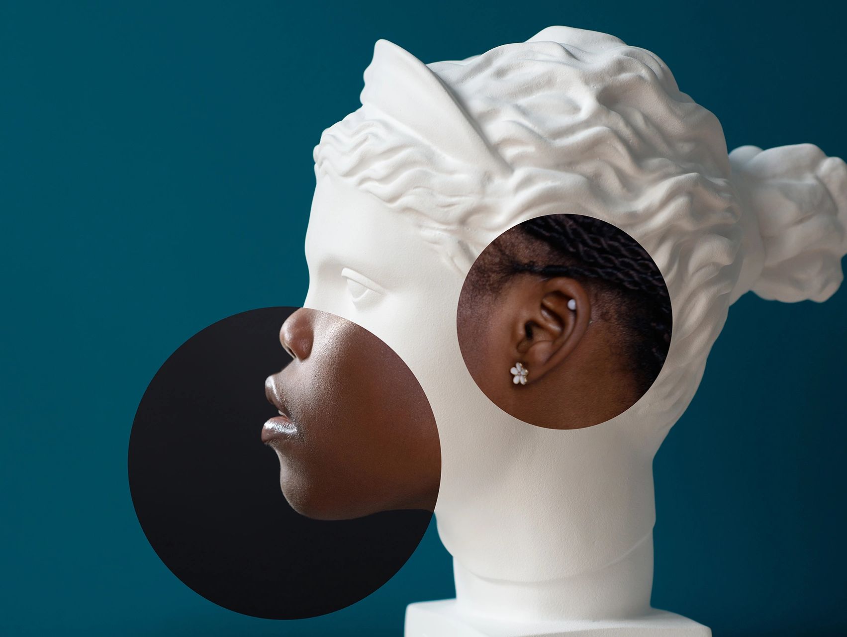 Contemporary collage of plaster statue head and beautiful African American woman in profile.