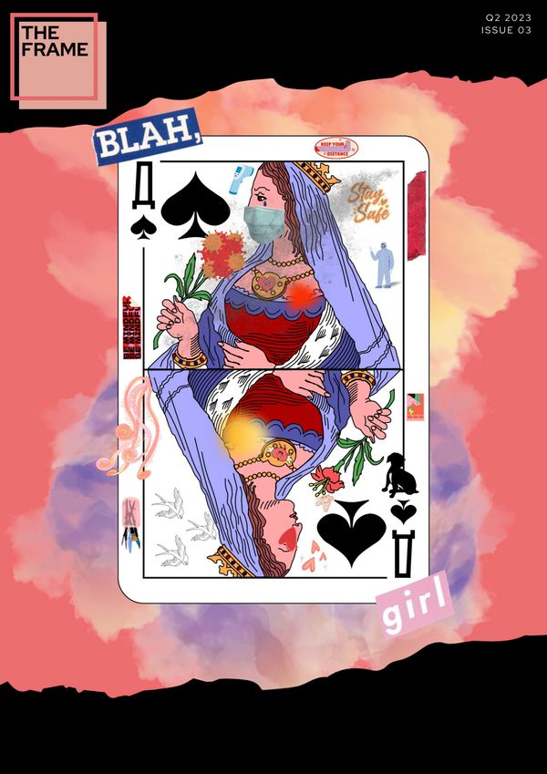 Artistic playing card with a masked queen and health symbols.