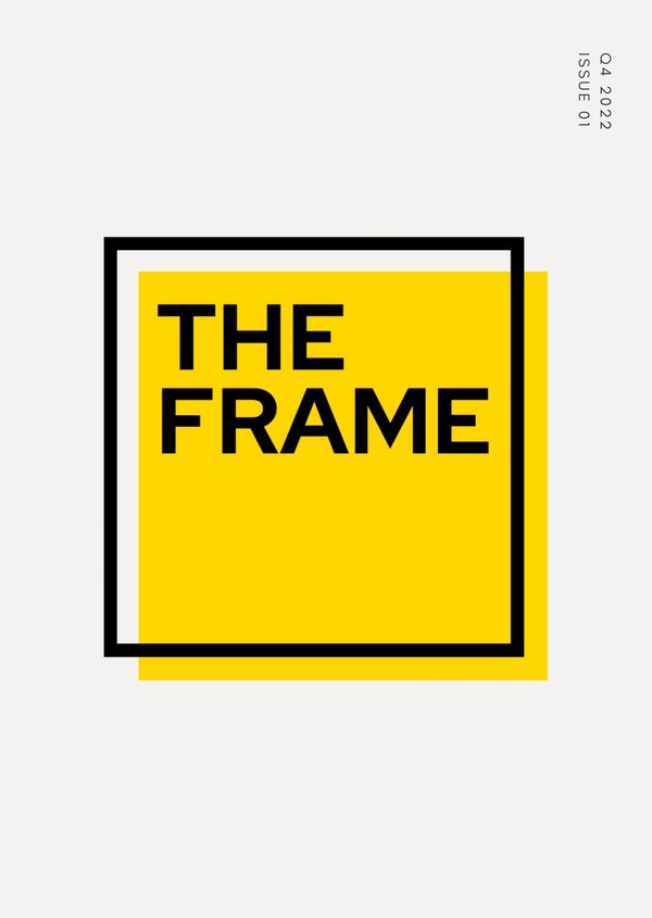 Minimalist cover with 'THE FRAME' text inside a black square over a yellow square.