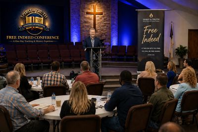 A speaker addressing attendees at the Spirit &amp; Truth Free Indeed Conference in a church setting.