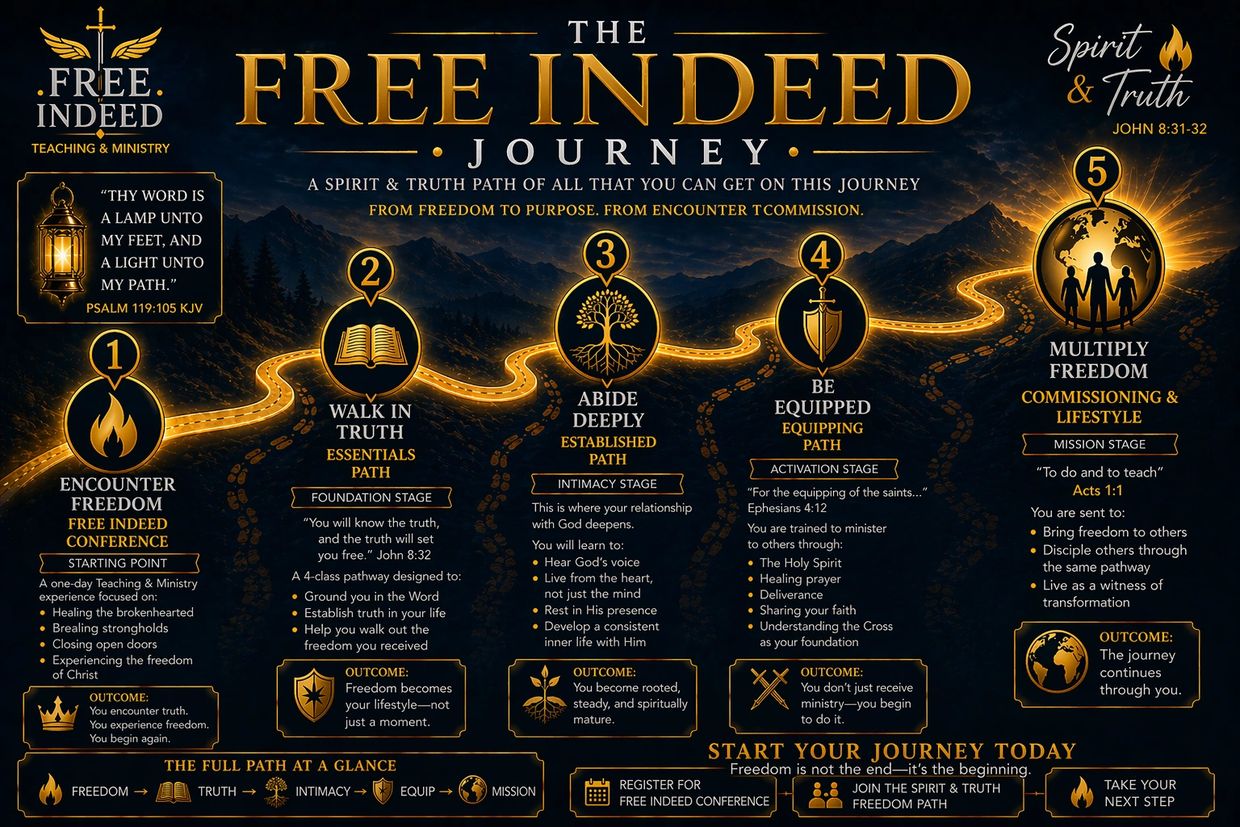 Infographic outlining The Free Indeed Journey with 5 spiritual growth stages and outcomes.