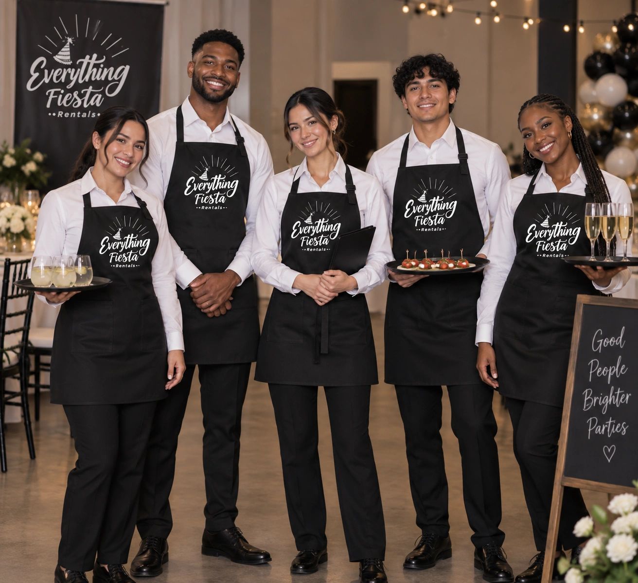 Catering staff smiling in matching aprons at a party venue.