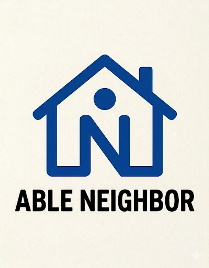 Logo of a blue house with a person and the text 'ABLE NEIGHBOR'.