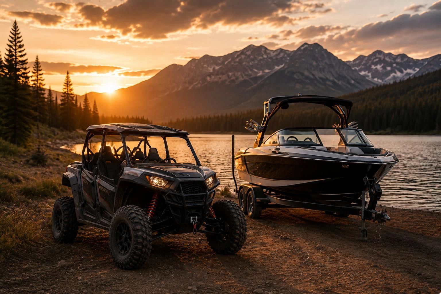ATV and boat by a lake at sunset.