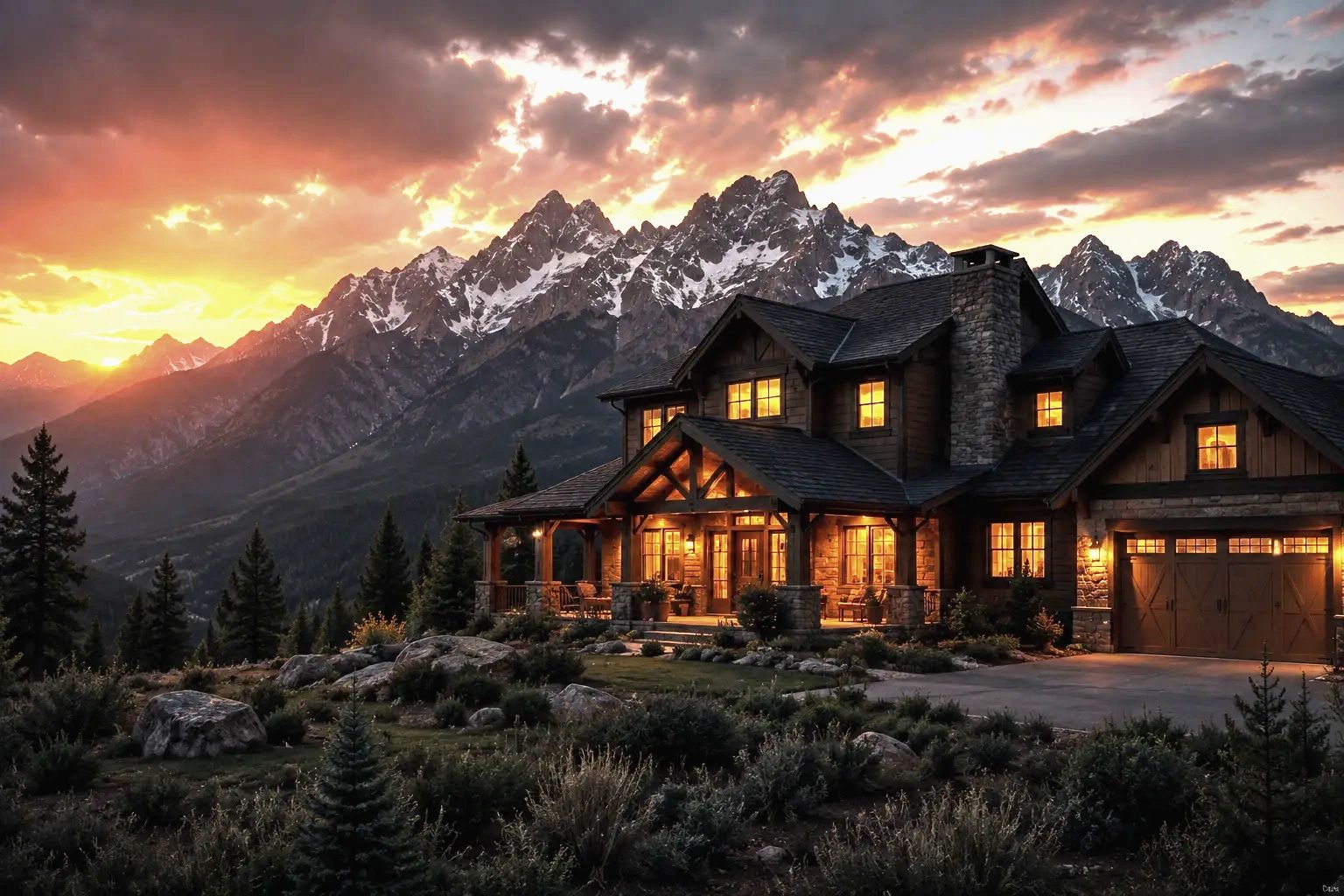 Cozy mountain cabin at sunset with glowing windows and snowy peaks.