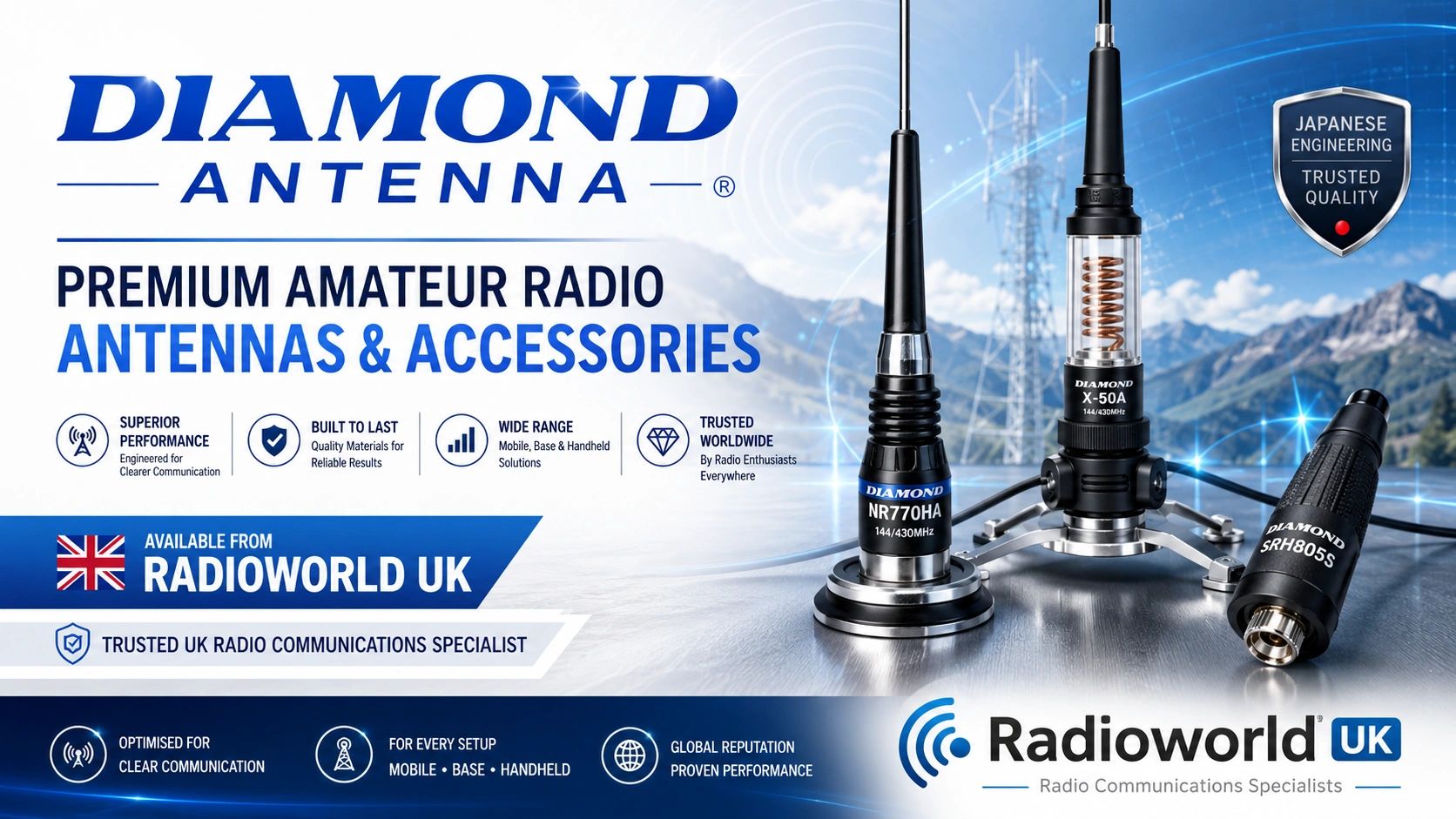 Wide promotional banner showing Diamond Antenna branding with the message. 