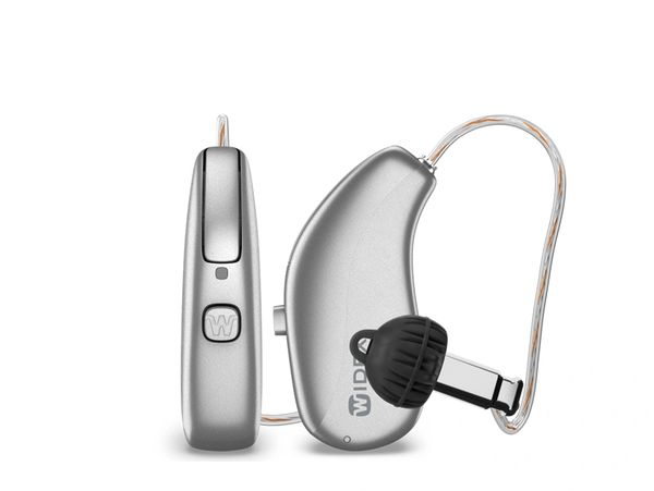 Silver behind-the-ear hearing aids with clear tubing and black ear tips.