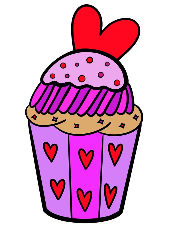 Colorful cupcake with red hearts and pink frosting topped with a heart shape.