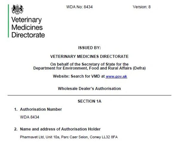 Certification document from Veterinary Medicines Directorate for Pharmavet Ltd.