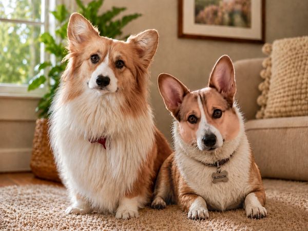 2 Fawn Pembroke Corgis. One is fluffy. The other one has a standard coat with some sable shading. 