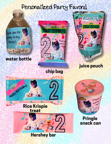 Personalized party favors featuring a toddler DJ on various snacks and drinks for a second birthday.