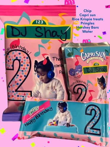 picture of customized party favors include chip bag, Capri sun, rice krispie treats