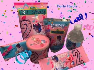 Collection of party favors includes chips, Hershey bar, rice krispie treats, pringles, water bottle