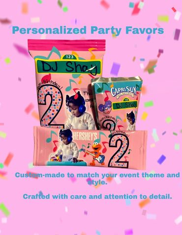 customized party favors chip bag, Capri sun, Hershey bar