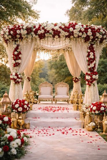 Elegant wedding mandap decorated with red and white flowers and golden ornaments.