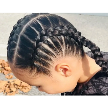 Intricate braided hairstyle with neat cornrows and a thick braid.