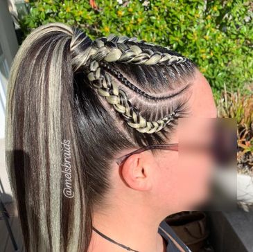 Intricate braided hairstyle with blonde highlights and sleek ponytail.