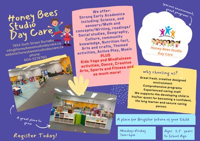 Honey bees Studio Day Care
7854 Sixth Street Burnaby
Available spots age 2.5-school age
